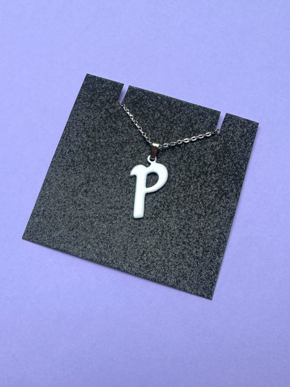 Vintage White Letter P Initial on a 16" Silver Chain, OTHER LETTERS AVAILABLE
